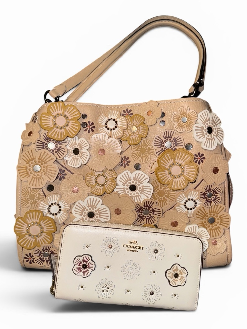 Coach Rose rogue 1947 Floral Appliqué Shoulder Bag with Cream Wallet